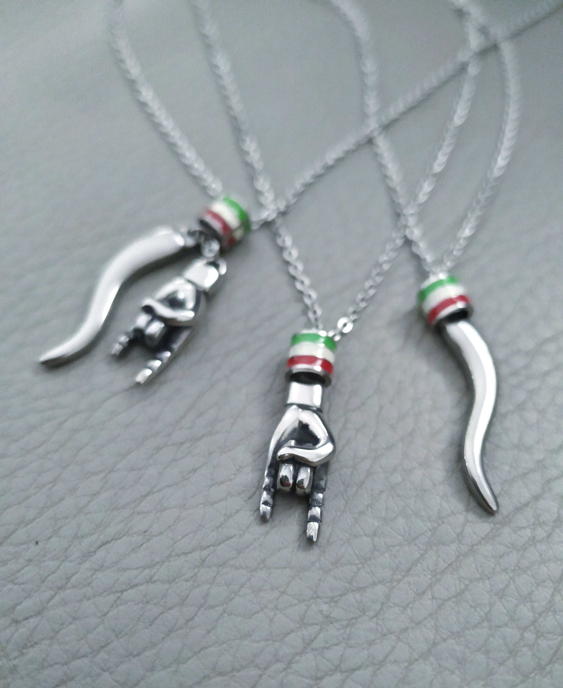 Italian Flag Necklace for Men, Large Cornicello and Mano Cornuto Pendants, Italian Pride Gifts