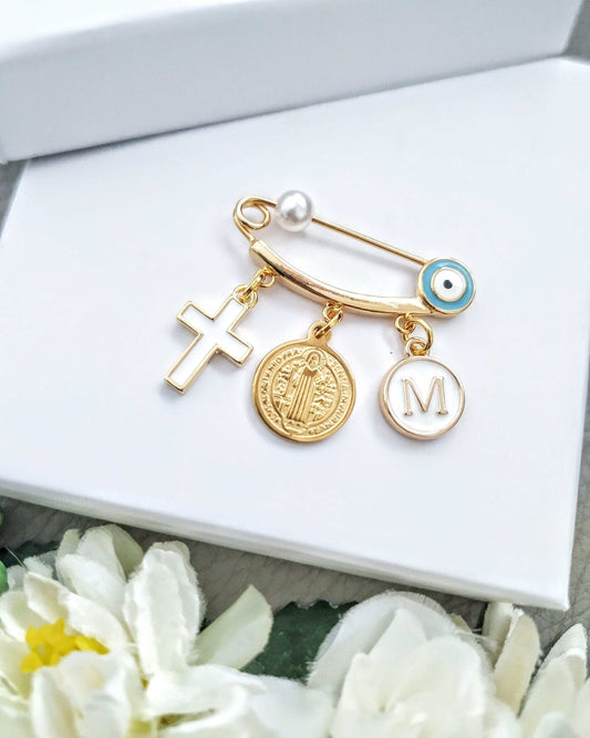 Saint Benedict Medal Safety pin, Personalized Baptism Gift Boy or Girl