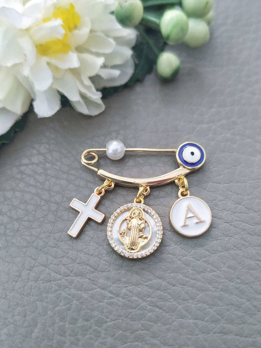 Saint Benedict Safety Pin, Cross, Evil Eye Protection For Babies