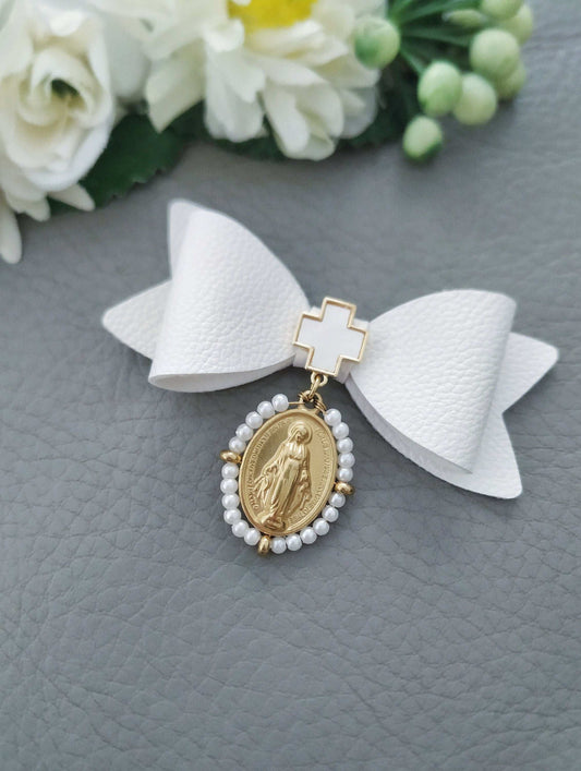 Large Bowknot Crib Medal, Miraculous Pendant Brooch, Baptism Gift Boy Girl