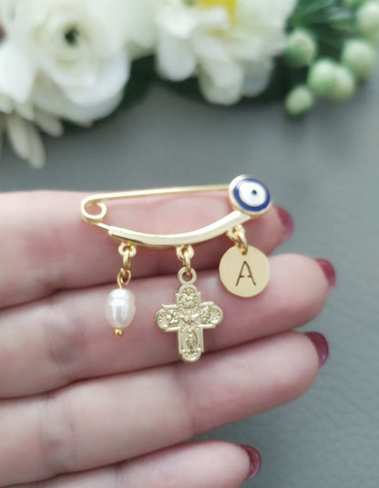 Personalized 4 Way Medal Pins, Evil Eye Baby Brooch, Baptism Jewelry Gifts
