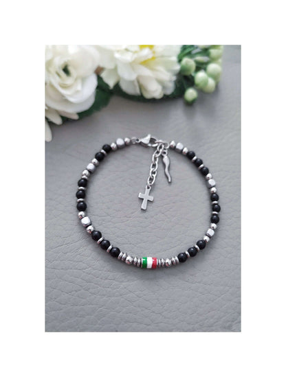 ITALIAN FLAG Beaded Bracelet with CORNICELLO in Titanium steel for men