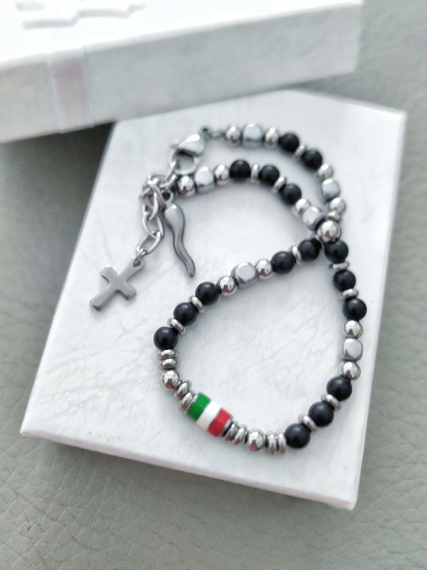 ITALIAN FLAG Beaded Bracelet with CORNICELLO in Titanium steel for men