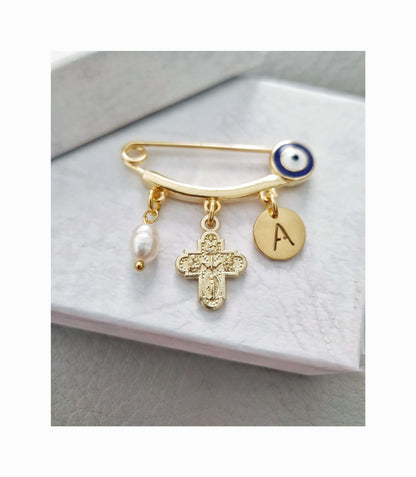 Personalized 4 Way Medal Pins, Evil Eye Baby Brooch, Baptism Jewelry Gifts