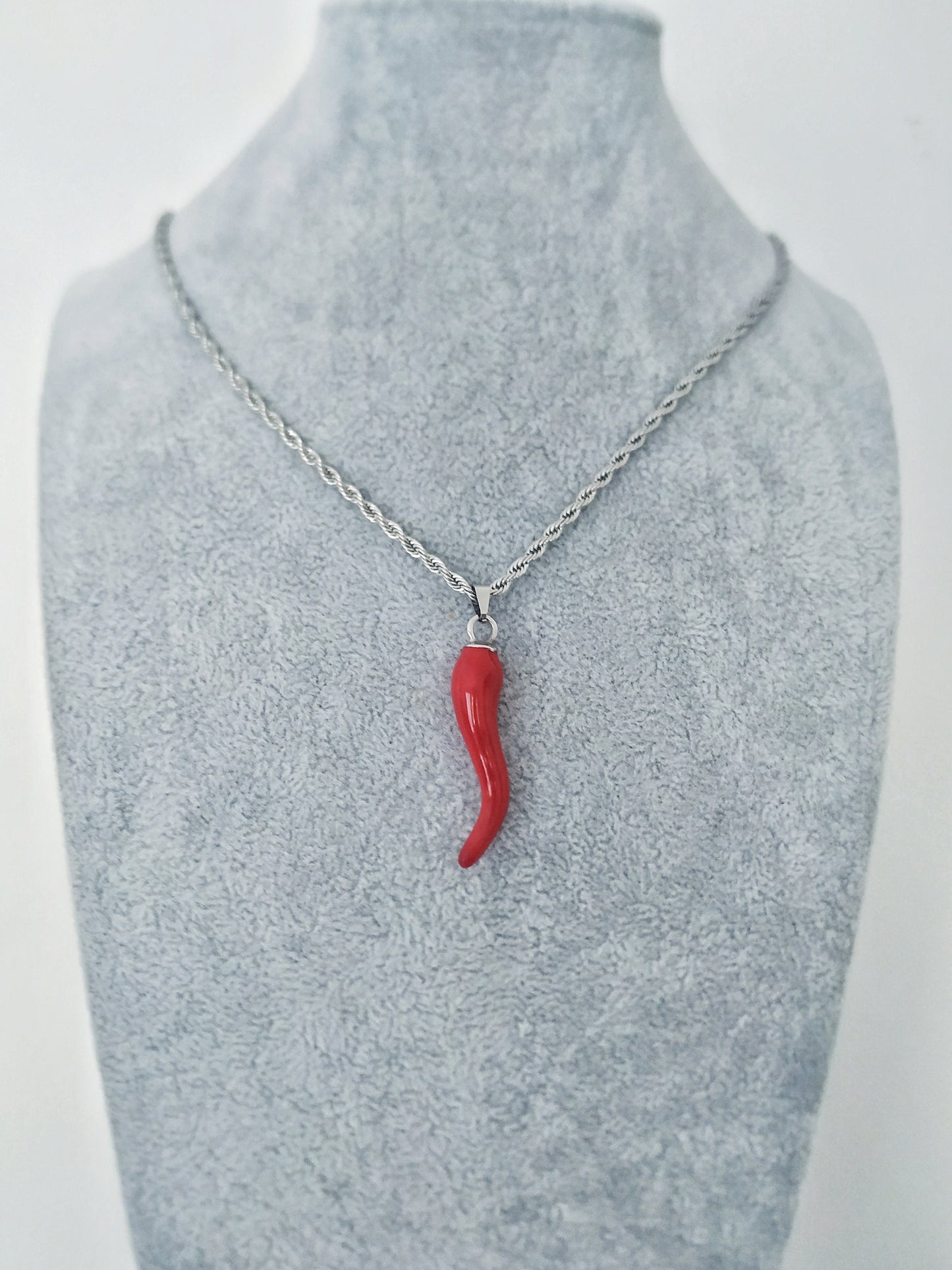 Men Cornicello Red Pendant Necklace, 3 mm Rope Chain, Titanium Steel Jewelry