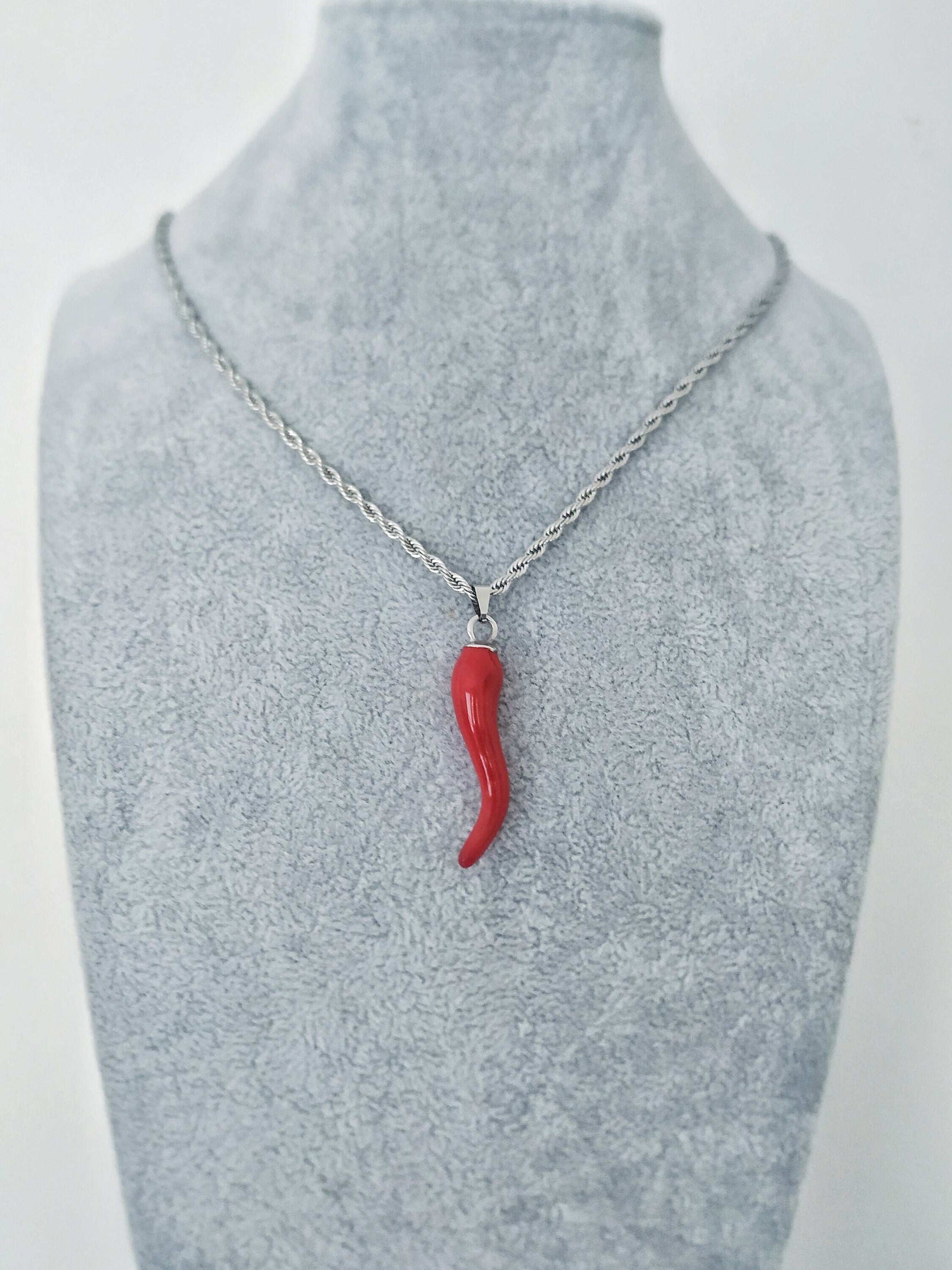 Men Italian Horn Necklace, Large Red Cornicello