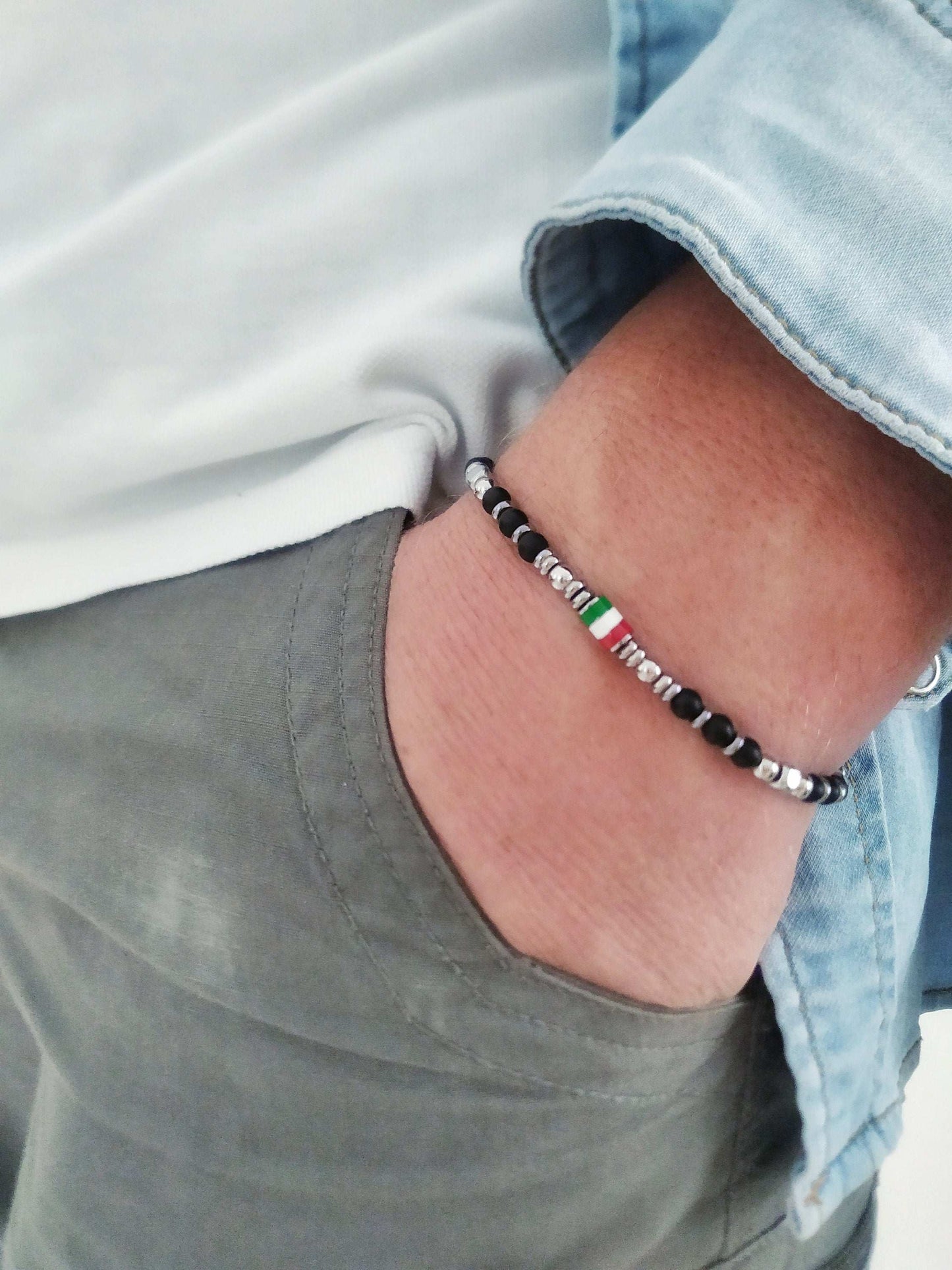 ITALIAN FLAG Beaded Bracelet with CORNICELLO in Titanium steel for men