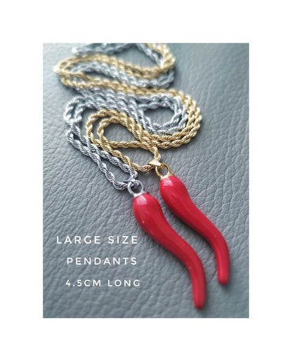 Men Cornicello Red Pendant Necklace, 3 mm Rope Chain, Titanium Steel Jewelry