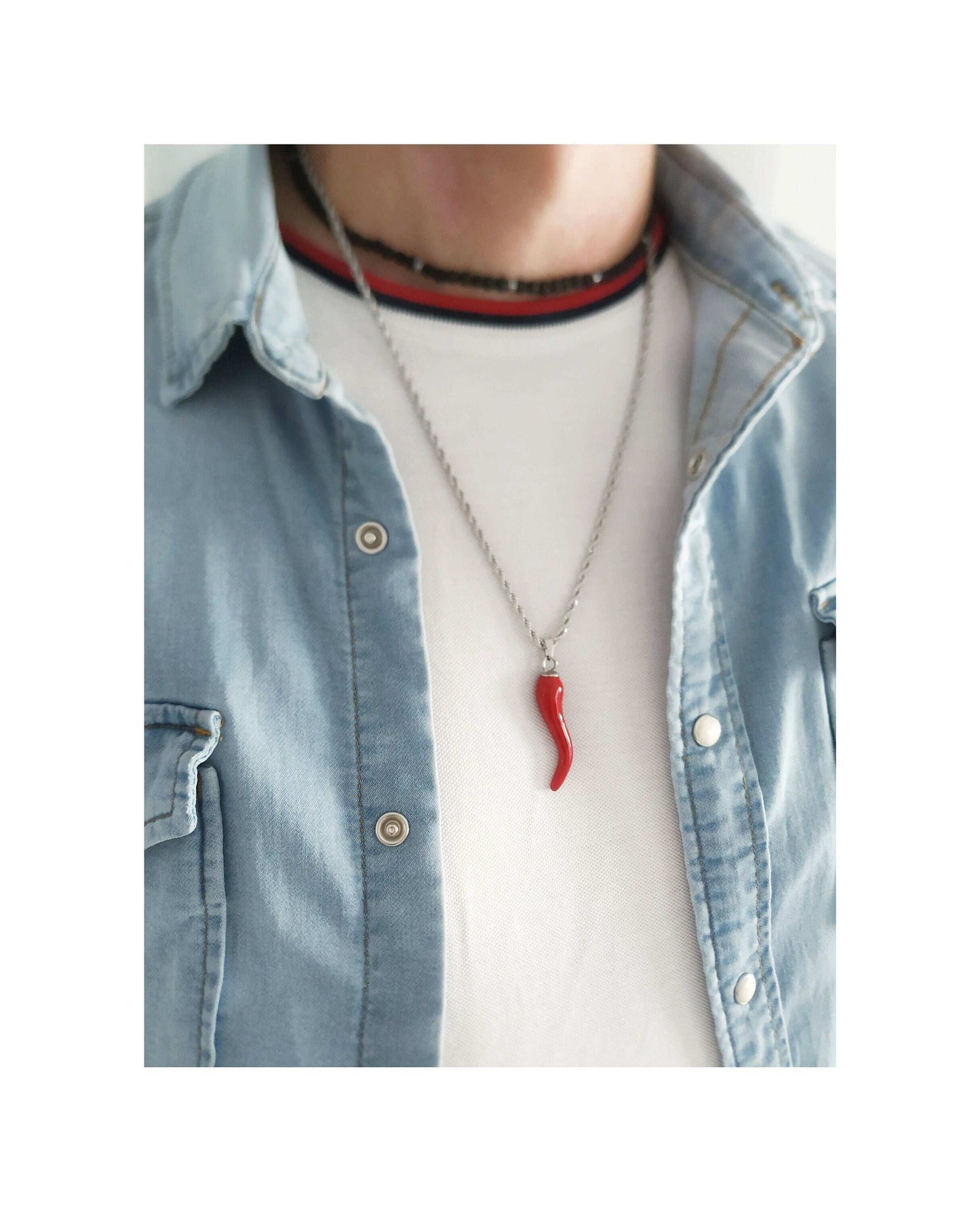 Men Italian Horn Necklace, Large Red Cornicello