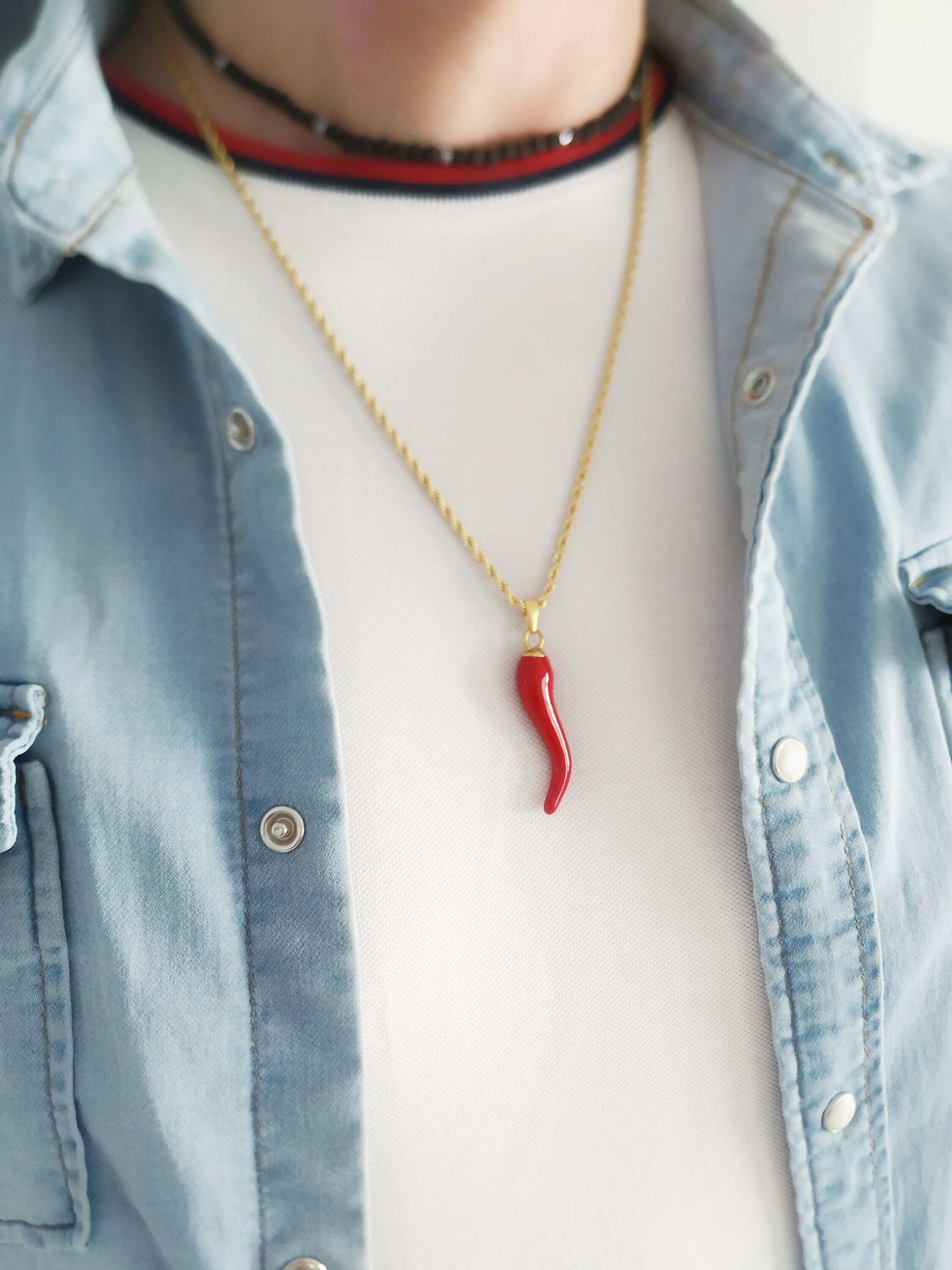 Men Italian Horn Necklace, Large Red Cornicello
