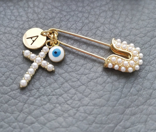 Personalized Baby Pin, Evil Eye Crib Brooch, Pearl Cross Charm