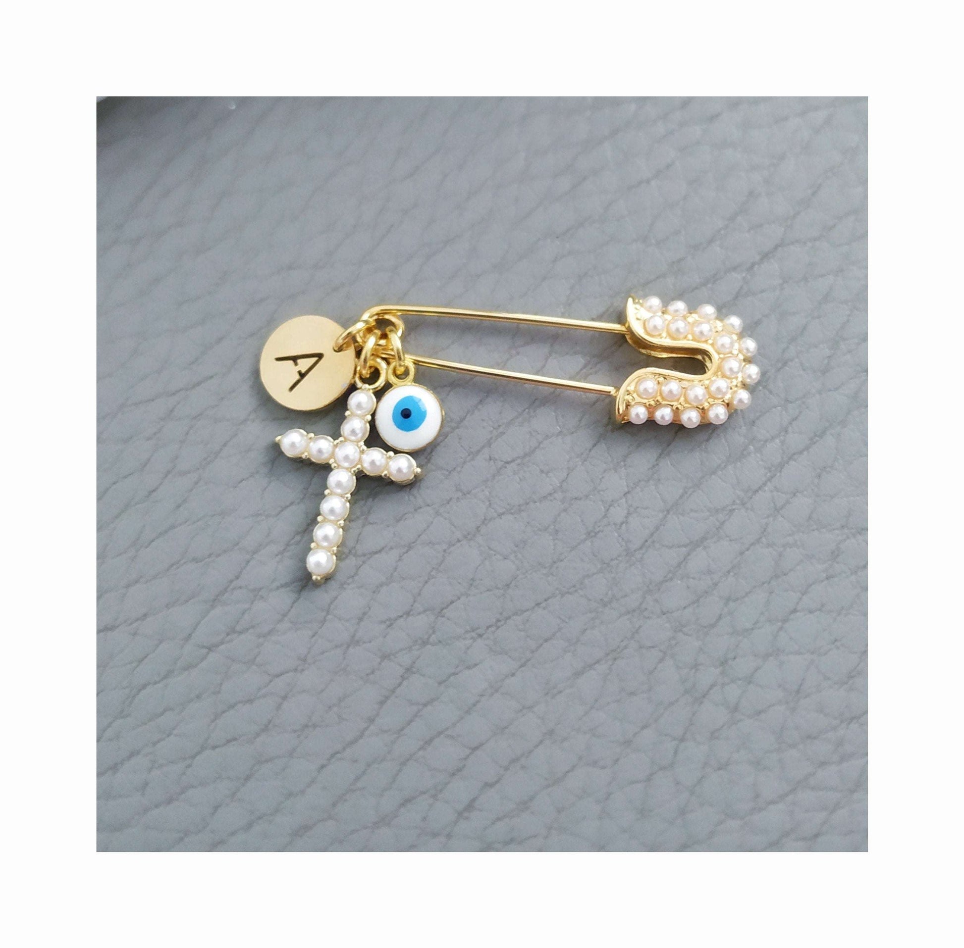 Personalized Baby Pin, Evil Eye Crib Brooch, Pearl Cross Charm