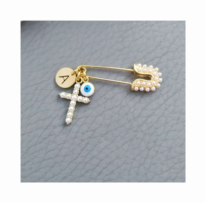 Personalized Baby Pin, Evil Eye Crib Brooch, Pearl Cross Charm