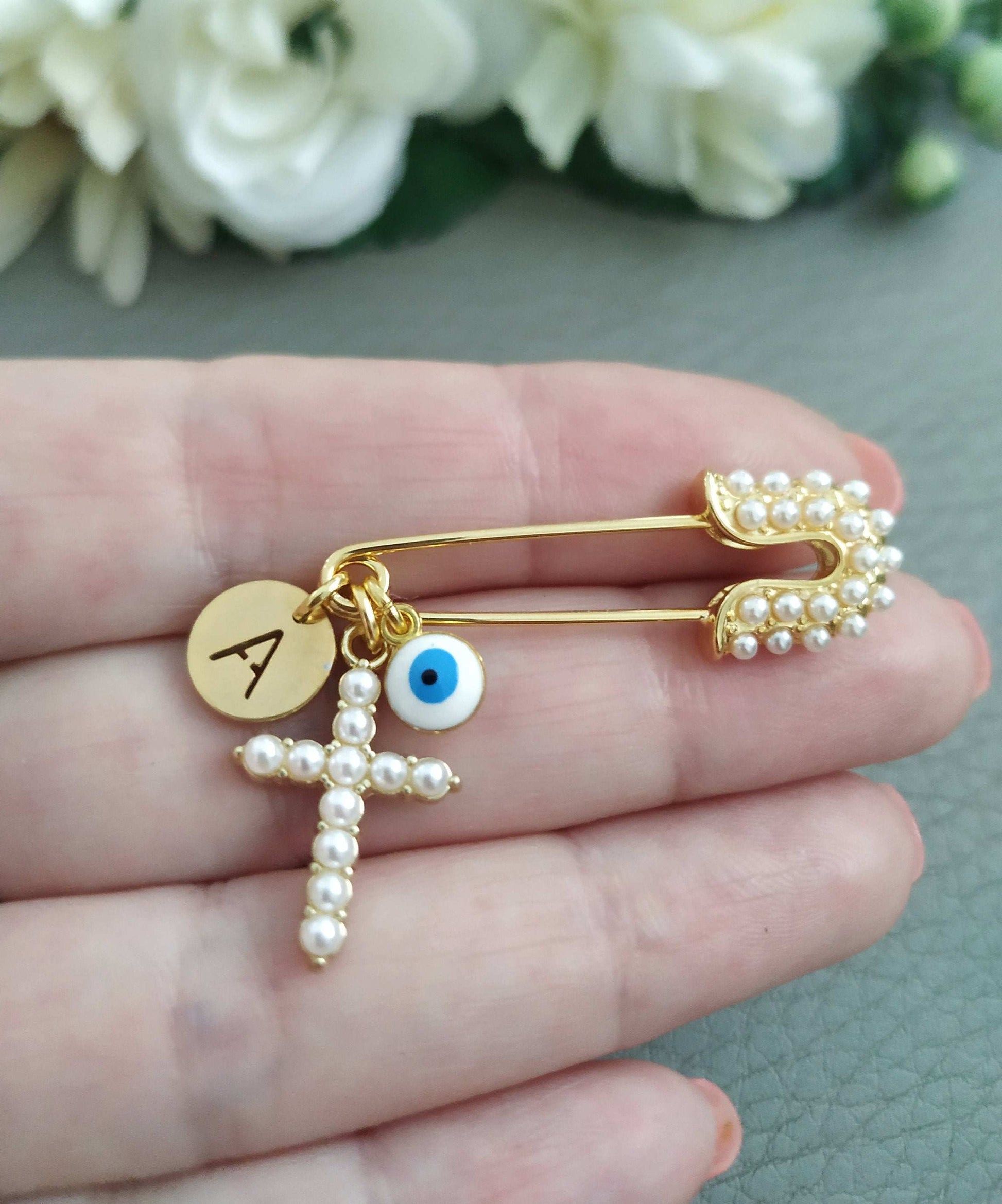 Personalized Baby Pin, Evil Eye Crib Brooch, Pearl Cross Charm