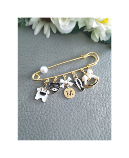 Evil Eye Baby Safety Pin, Black White Unisex Personalized Stroller Brooch