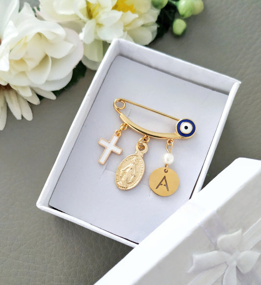 Evil Eye Protection For Babies, 24 k Gold Plated Virgin Mary Personalized Baby Safety Pin Brooch, Baby Shower Gift, Christening Baptism Gift