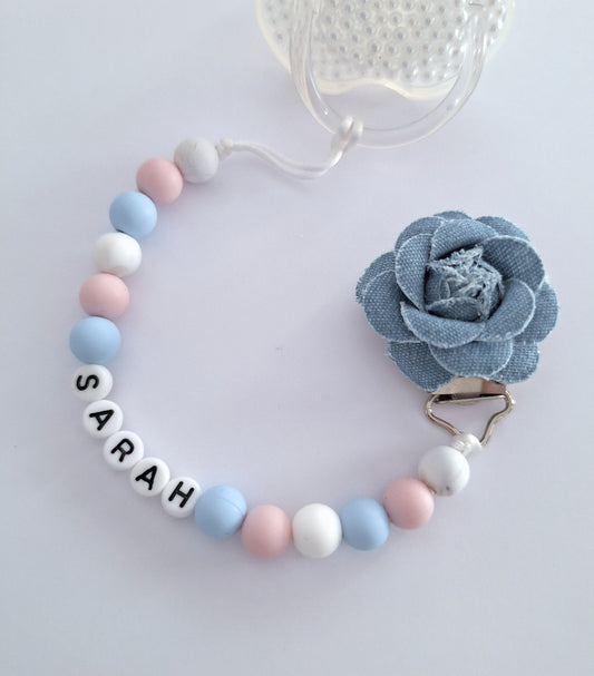 DENIM Flower Pacifier Clip, Personalized Dummy Holder,  Rose Pin Brooch