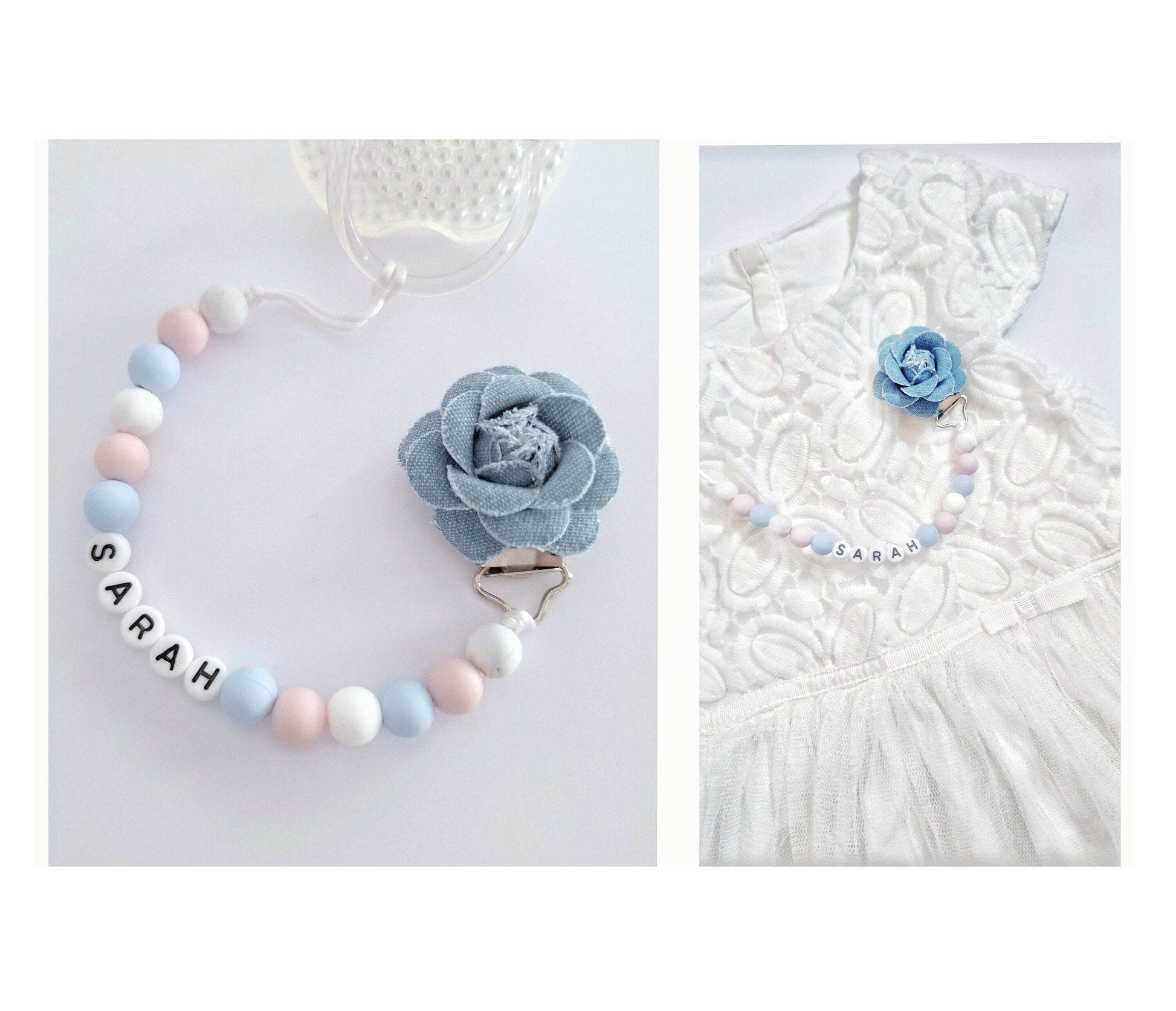 DENIM Flower Pacifier Clip, Personalized Dummy Holder