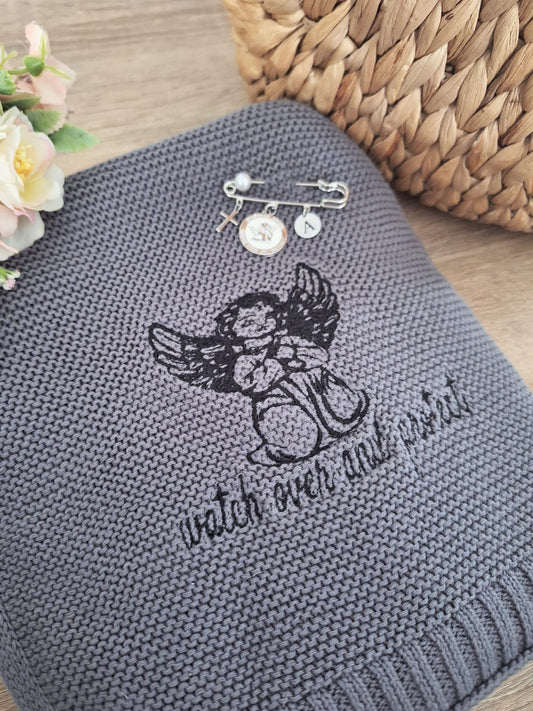 Newborn Gift Set, Guardian Angel Baby Blanket, Watch Over and Protect, Embroidered Baby Swadlle with Safety Pin