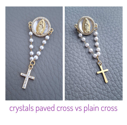 Elegant Pearls Baptism Rosary Pin with Virgin Mary