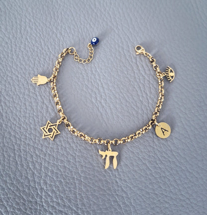 Personalized Jewish Bracelet, 18 K Gold Stainless Steel, Hebrew Chai Religious Pendants, Judaica Jewelry