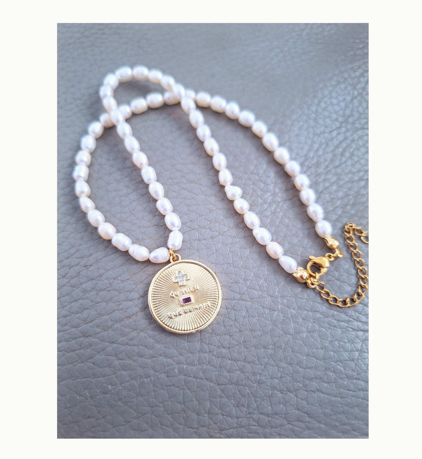 Plus Qu'hier Que Demain Necklace, 18k Gold Filled Augis Inspired Pendant with Freshwater Pearls