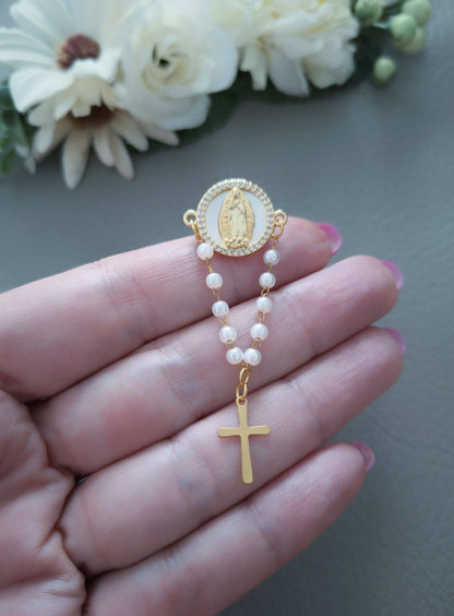 Elegant Pearls Baptism Rosary Pin with Virgin Mary