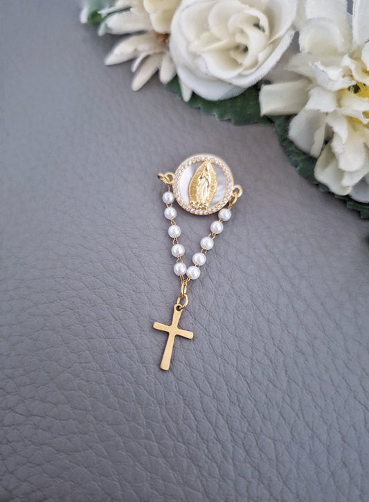 Elegant Baptism Rosary Pin Brooch, Carved Mother of Pearl Virgin Mary Jewelry, Child Cross Christening Gift Boy Girl, Gender Neutral Gifts