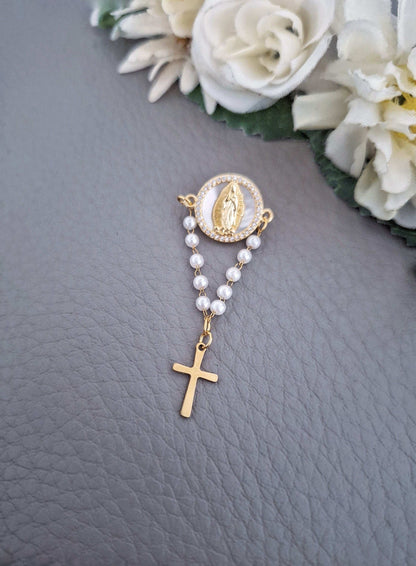 Elegant Pearls Baptism Rosary Pin with Virgin Mary