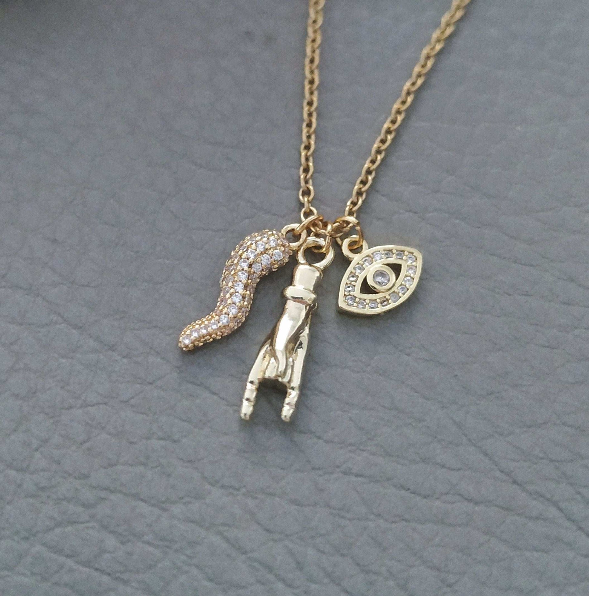 Dainty Italy Horn and Hand Necklace with Iced out evil Eye Charm, Malocchio Jewelry