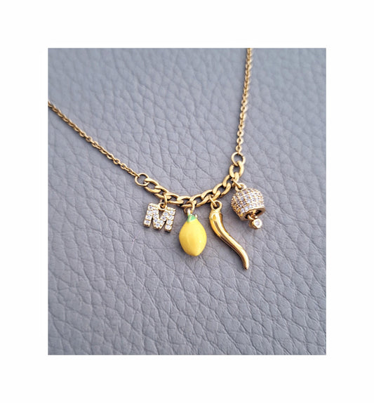 Lucky Bell Necklace, Personalised Italian Horn, Lemon Charm, Campanella di Capri Pendant, Portafortuna Jewelry Gift