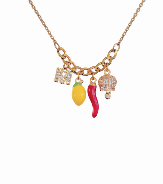 Collana portafortuna con limone, ciondolo con limone della Costiera Amalfitana, cornicello rosso, ciondolo campana di Capri, regalo gioiello Portafortuna