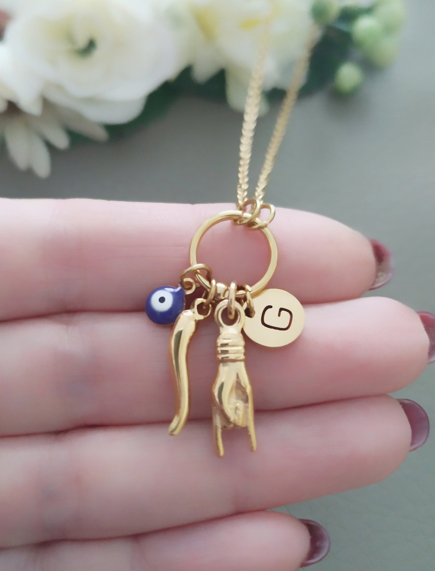 italian horn hand lucky eye charms necklace