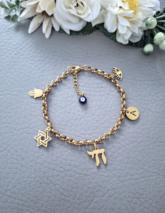 gold steel personalised Jewish Bracelet with Chai charm, star of david, evil eye hamsa