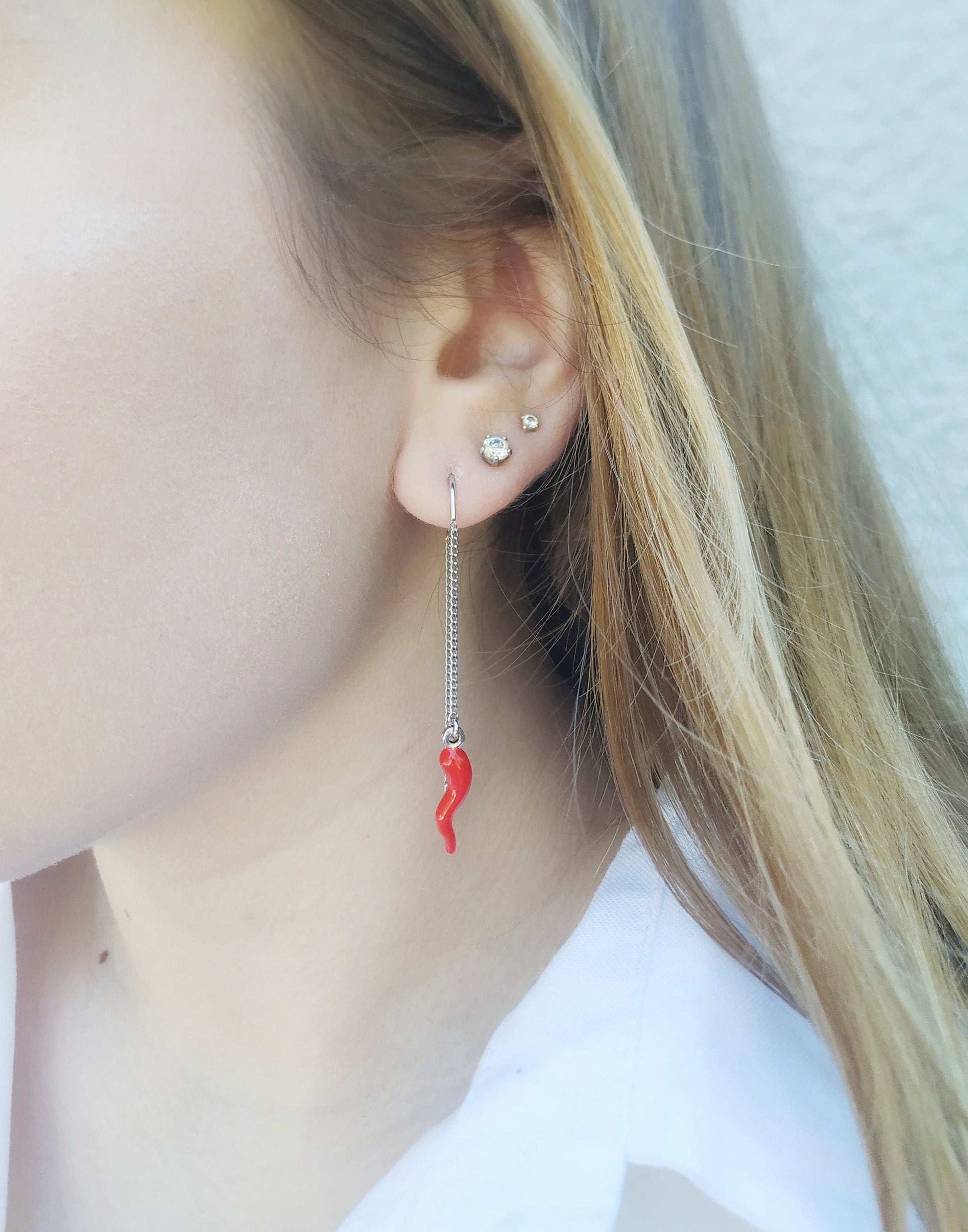 red Italian horn earrings in 925 sterling silver