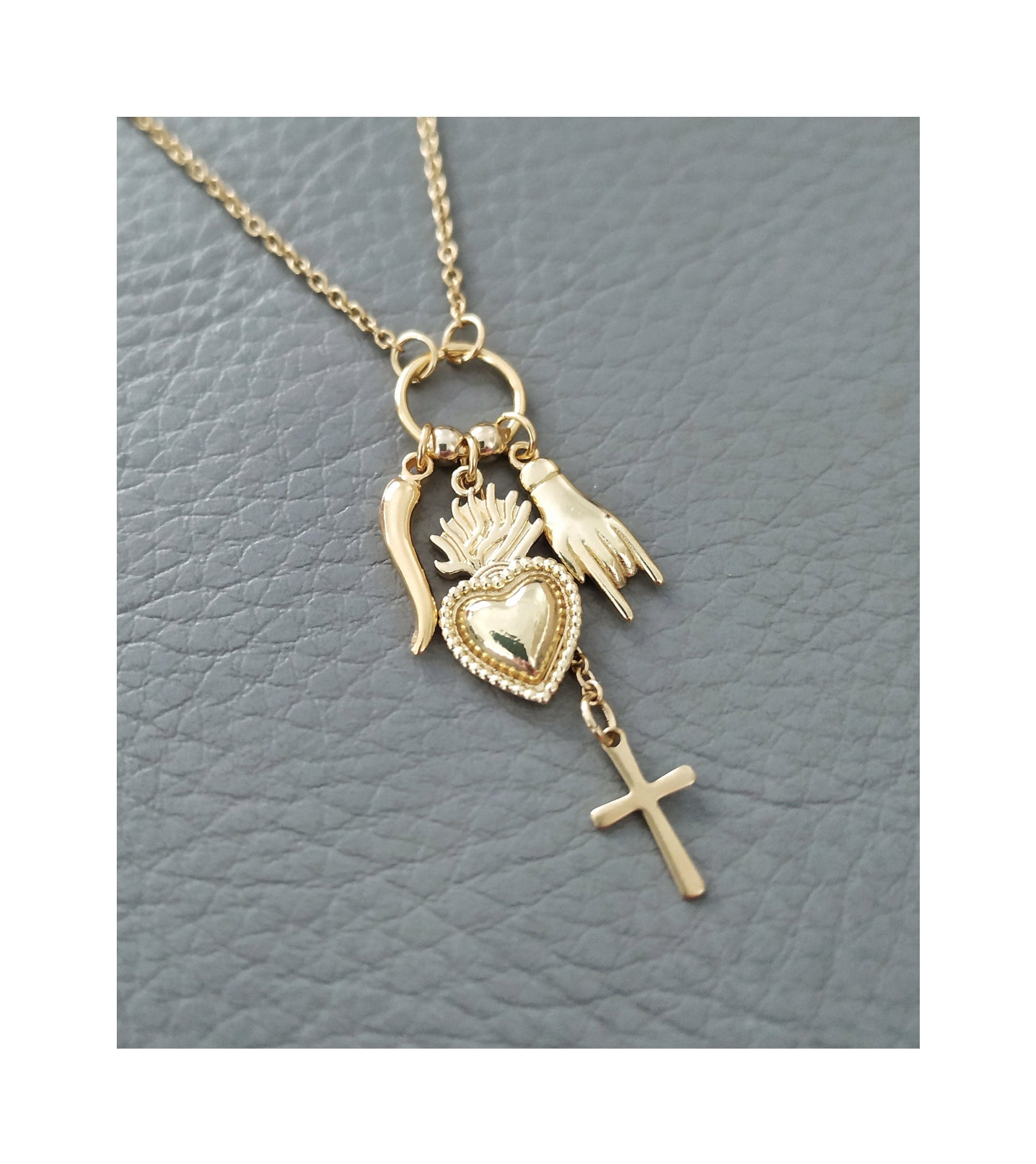 gold sacred heart, lucky charms Italian Horn, cross catholic necklace