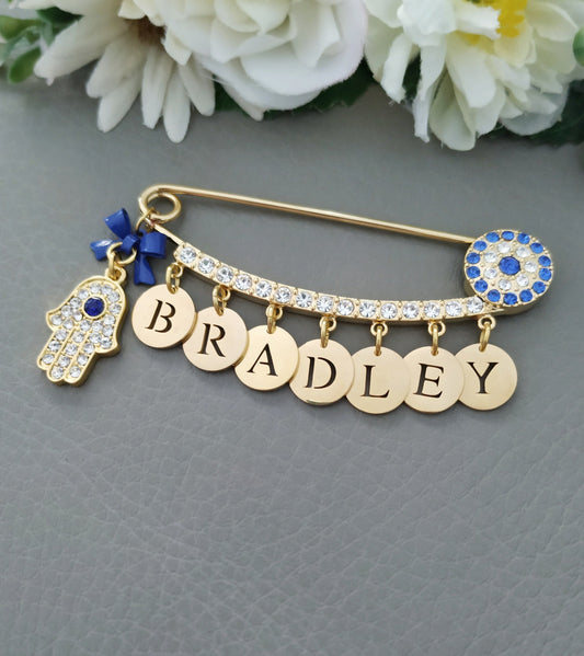 Evil Eye Pin, Evil Eye Stroller Pin, Newborn Baby Gift, Safety Pin, Baby Protection, Personalized Gold Large Baby Brooch, Baby Shower Gifts