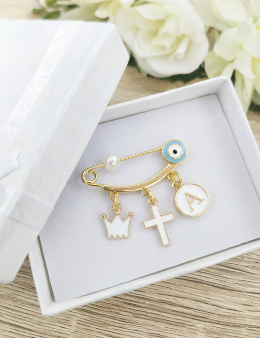 Evil Eye Baby Pin Protection For Baby, Cross Crown Personalized Baby Diaper Pin, Baby Shower Gift, Christening Baptism Gift, Gold Safety Pin