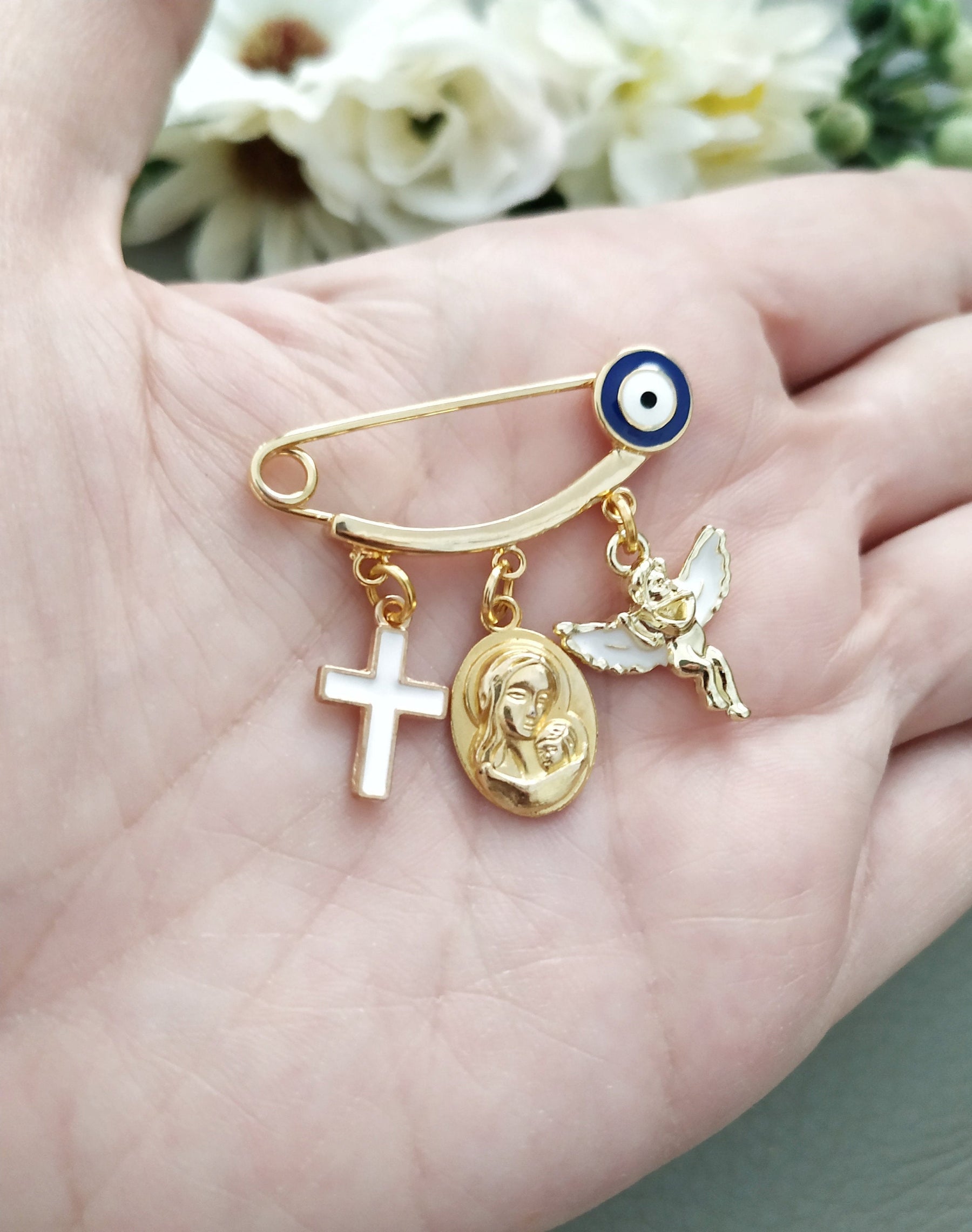 Gold Virgin Mary Angel Cross Baby Safety Pin Boy Girl Baptism Medallion, Evil Eye Protection for Babies Guardian Angel Baby Pin Baptism Gift