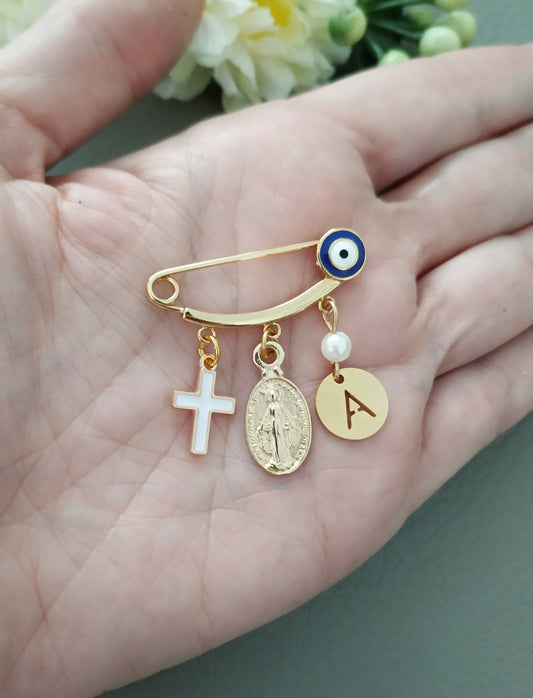 Gold Virgin Mary Baby Safety Pin, Evil Eye Baby Safety Pin Brooch, Catholic Girl Jewelry, Catholic Baby Gift, Evil Eye for Baby Protection