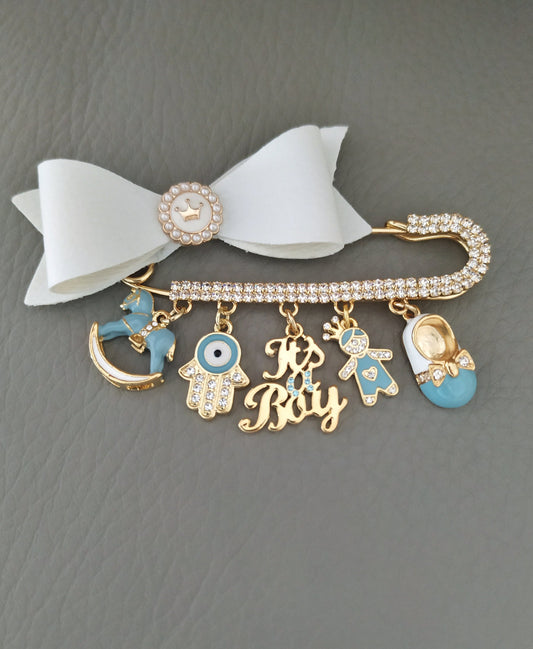 Evil Eye Hamsa Pin Brooch, Large Stroller Pin, Gold Safety Pin with Blue or Pink Evil Eye