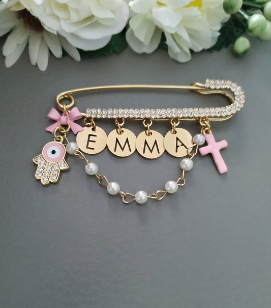 Beautiful Baby Brooch Pin with a Cross, Personalized Baby Name Stroller Pin, Baptism Gift, Christening Gift, Gold Safety Pin
