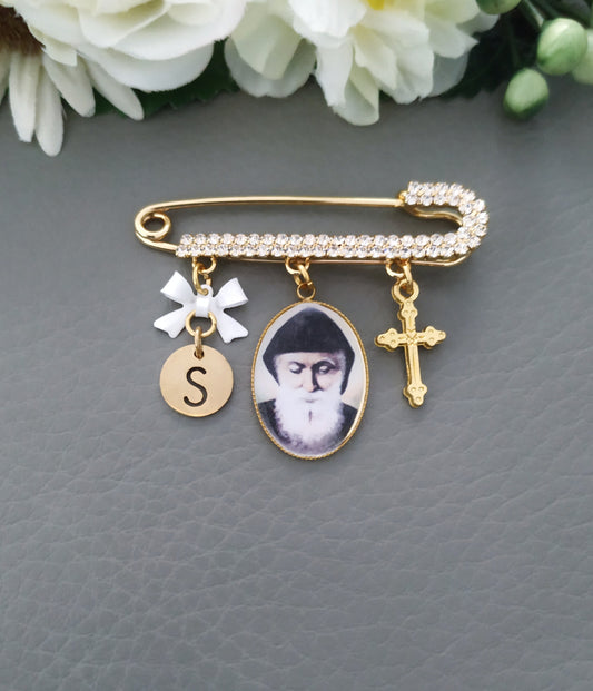 Personalized Baby or Adult Gift, St. Charbel Catholic Jewelry, Saint Charbel Pin Brooch, St Charbel Makhlouf Cross Jewelry