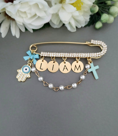 Beautiful Baby Brooch Pin with a Cross, Personalized Baby Name Stroller Pin, Baptism Gift, Christening Gift, Gold Safety Pin