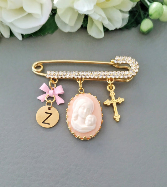 Virgin Mary, Madonna and Child Personalized Baby Pin Brooch, Baby Shower Gift, Christening Baptism Boy Gift, Saint Mary Gold Stroller Pin