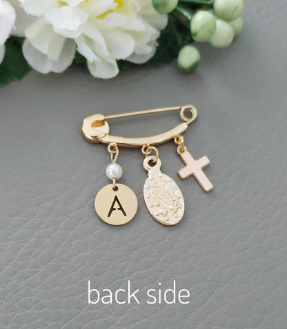 Gold Virgin Mary Baby Safety Pin, Evil Eye Baby Safety Pin Brooch, Catholic Girl Jewelry, Catholic Baby Gift, Evil Eye for Baby Protection