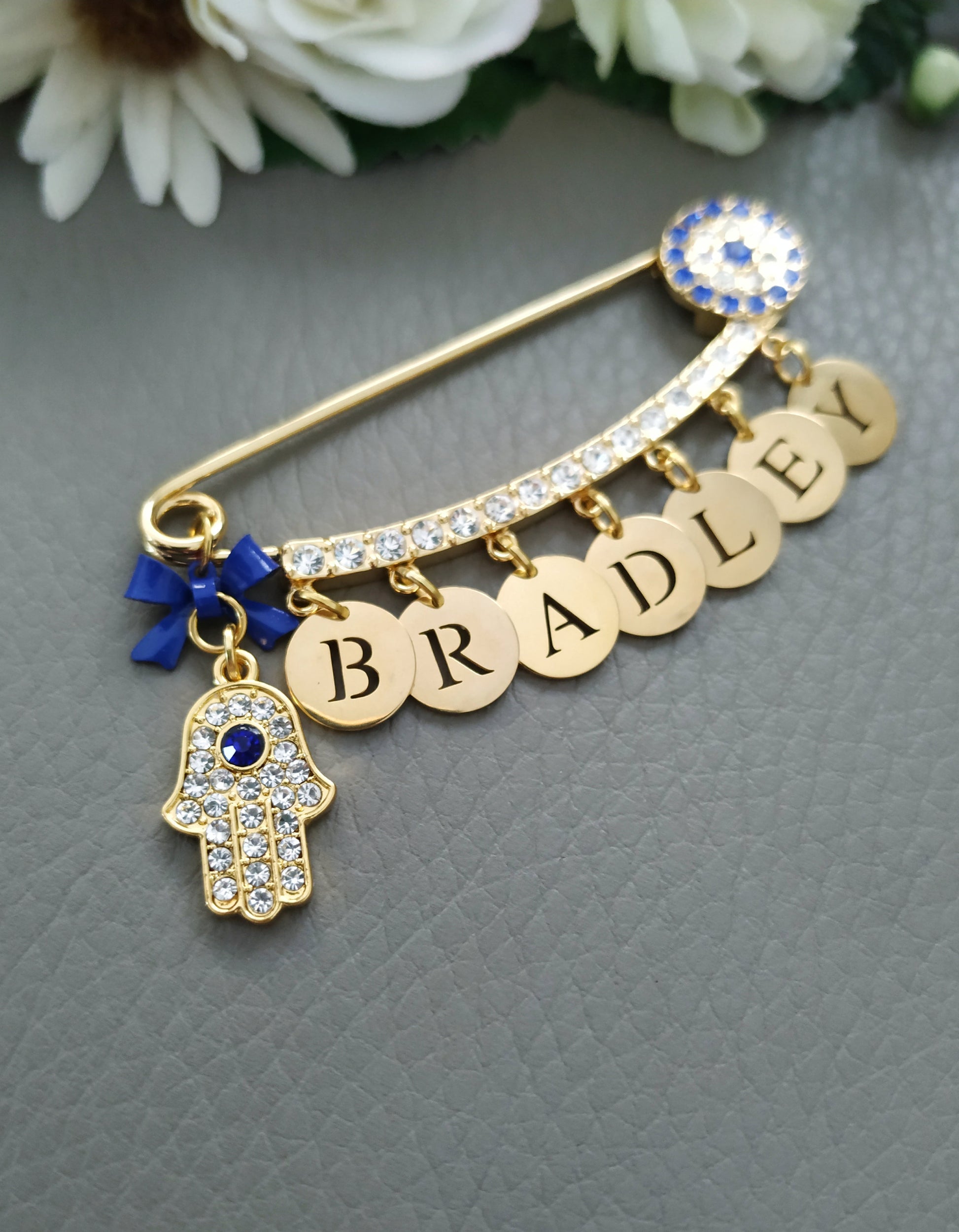 Evil Eye Pin, Evil Eye Stroller Pin, Newborn Baby Gift, Safety Pin, Baby Protection, Personalized Gold Large Baby Brooch, Baby Shower Gifts