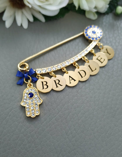 Evil Eye Pin, Evil Eye Stroller Pin, Newborn Baby Gift, Safety Pin, Baby Protection, Personalized Gold Large Baby Brooch, Baby Shower Gifts