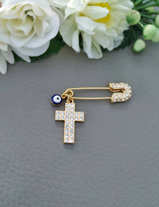 Cross Evil Eye Pin, Cross Pin, Gold Crystals Safety Pin, Cross Jewelry, Cross Brooch, Greek Mati Filakto