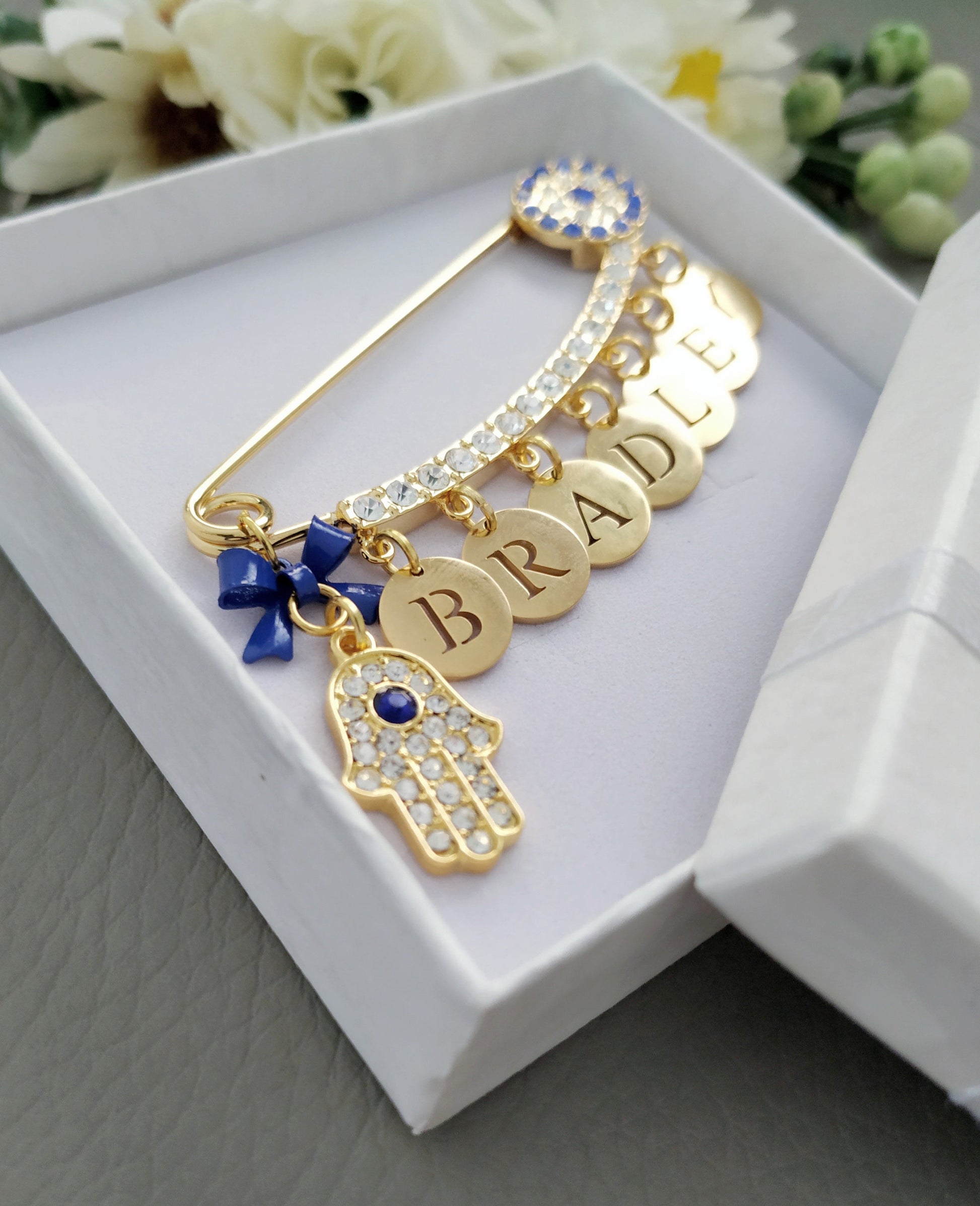 Evil Eye Pin, Evil Eye Stroller Pin, Newborn Baby Gift, Safety Pin, Baby Protection, Personalized Gold Large Baby Brooch, Baby Shower Gifts